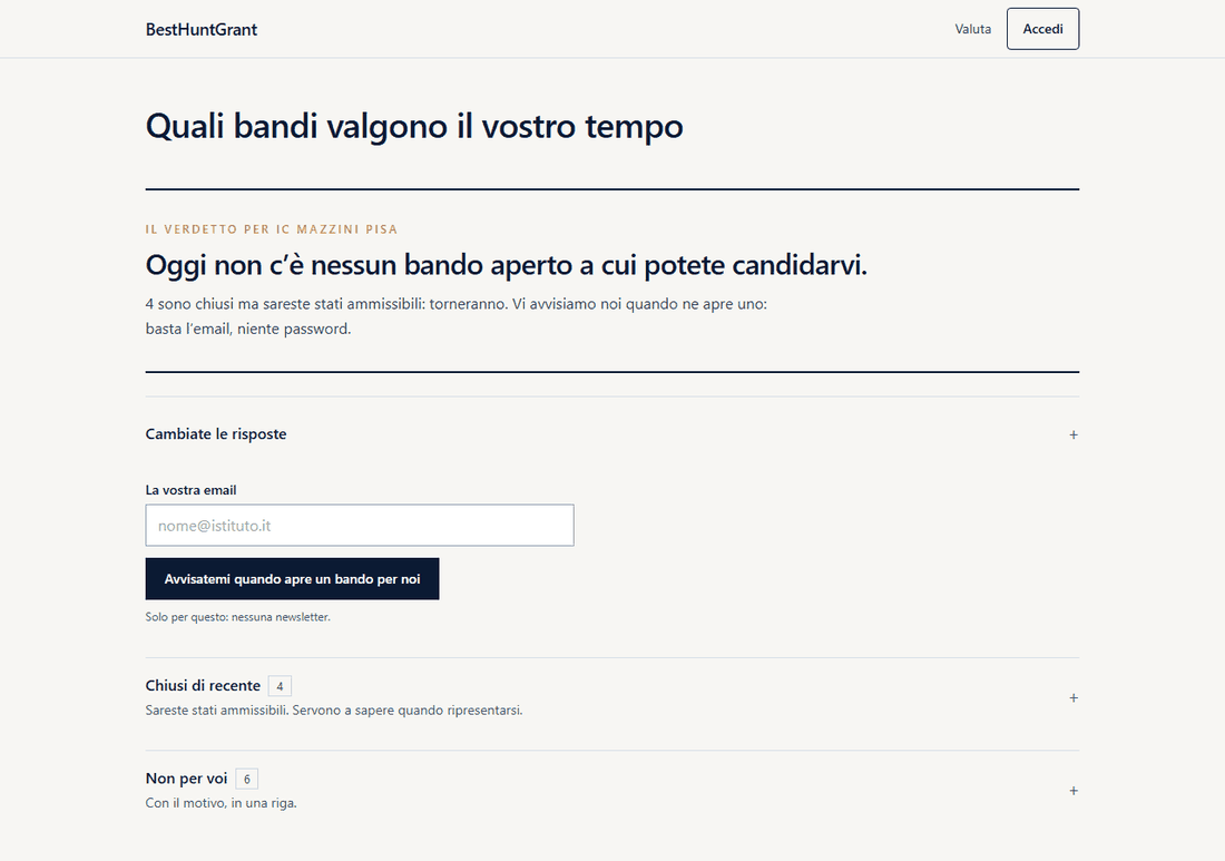 Il verdetto per una scuola senza bandi aperti: la pagina lo dice e offre di avvisare quando ne apre uno.